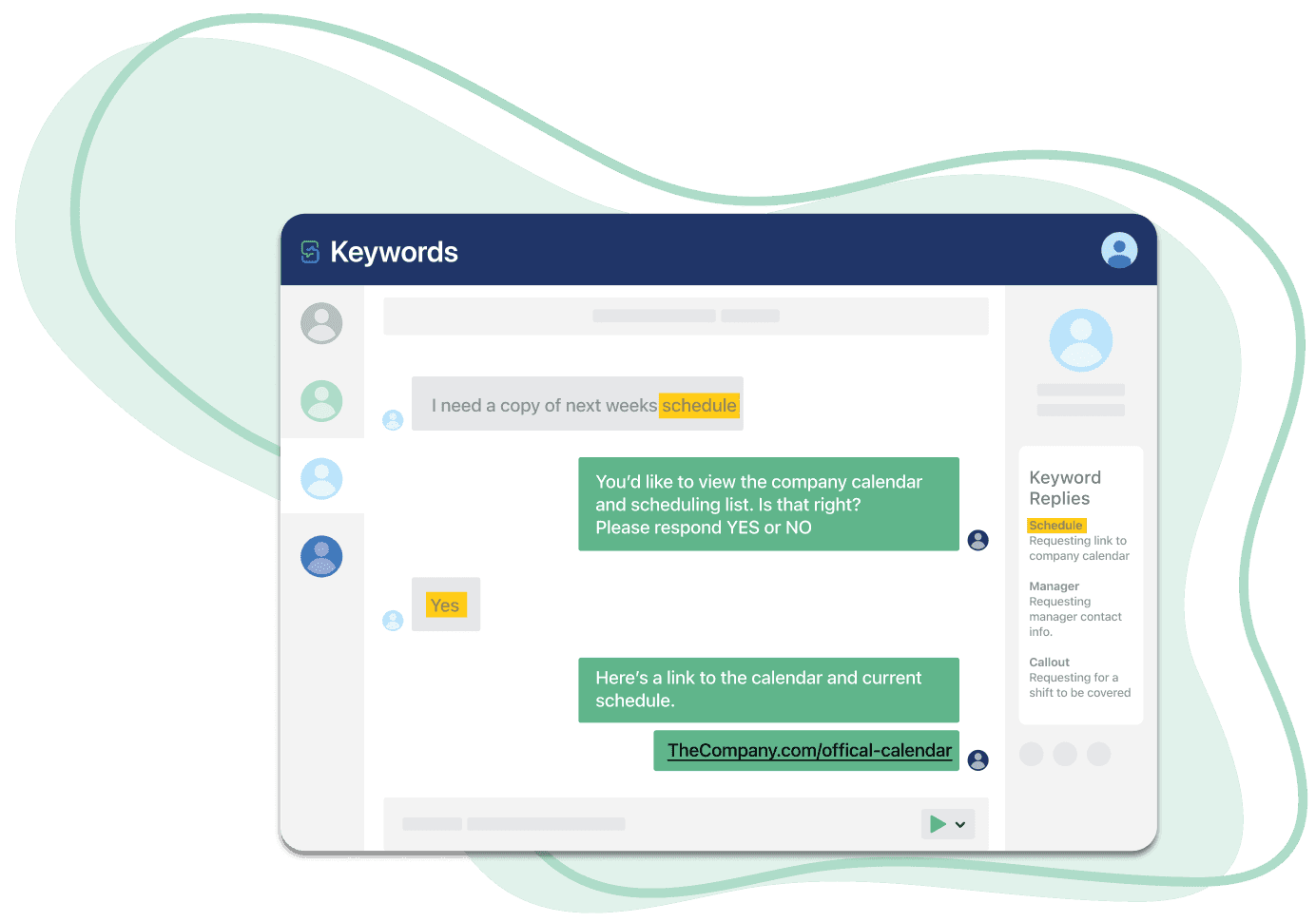 Showing a conversation in the txtsquad app of a keyword being used